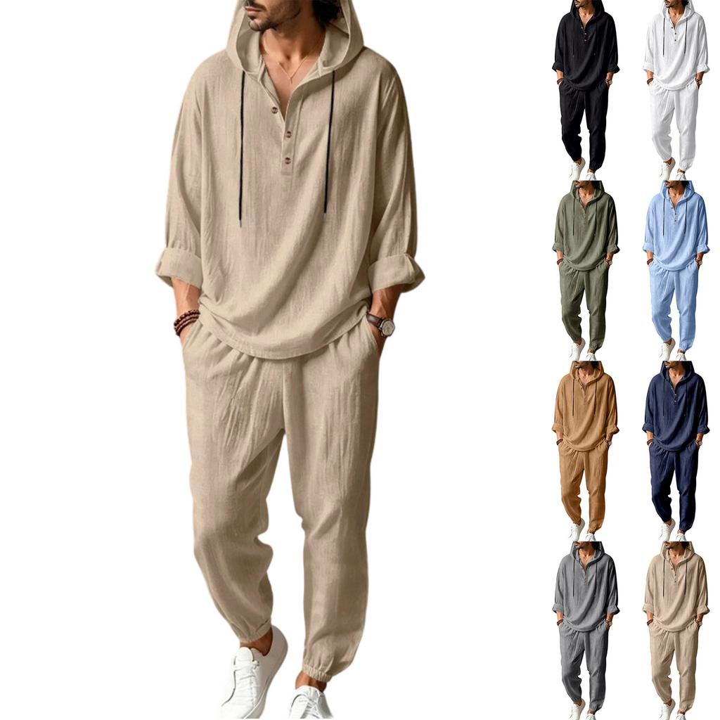 Men's Linen Hooded Two-Piece Set: Half-Zip Long Sleeve Shirt and Jogger Pants for Beach Vacation