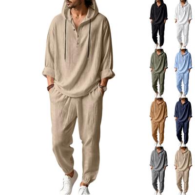 Men's Linen Hooded Two-Piece Set: Half-Zip Long Sleeve Shirt and Jogger Pants for Beach Vacation