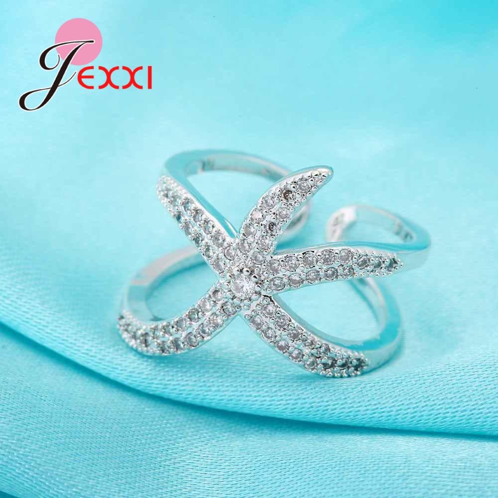 Newest Original 925 Sterling Silver Adjustable Ring Big Starfish Paved Shiny White Crystals Opening Rings Women Accessory