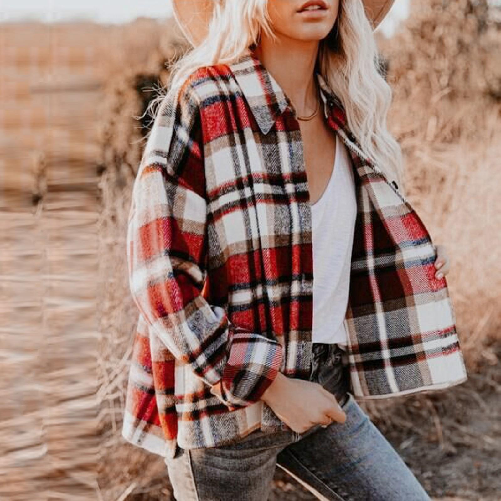 

Женские топы оверсайз в клетку с воротником и длинным рукавом, повседневная куртка-шакет XL винный