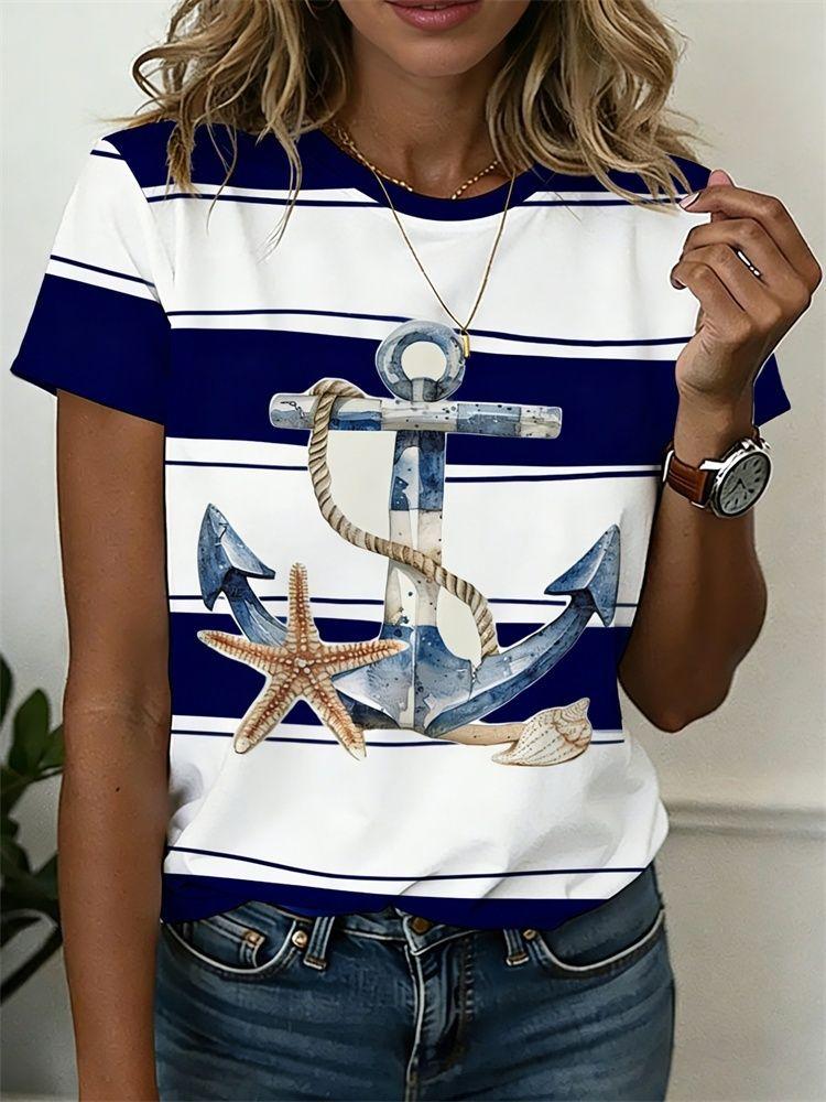 Summer Anchor Stripe 3D Print T-Shirts Women Casual Short Sleeve Round Neck T Shirt Harajuku Y2K Tees Top Female Street Clothing