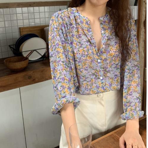 Spring New Korean Floral Shirt Top Women's Spring and Autumn Chiffon Shirt