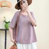Women's Round Neck Three Quarter Sleeve Tencel Linen Loose Fit Chinese Frog Button Casual Blouse