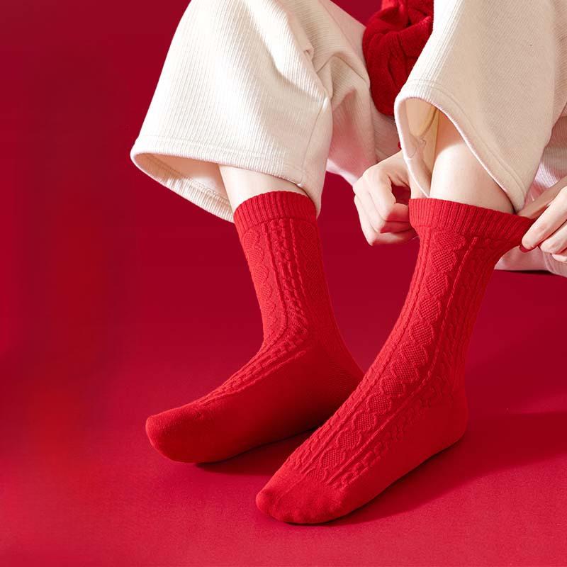 Frühlings- und Herbstsocken aus reiner Baumwolle, rot, für Damen und Herren, mittelhohe Socken, reine Baumwolle, große rote Socken, Neujahrs-Frotteesocken