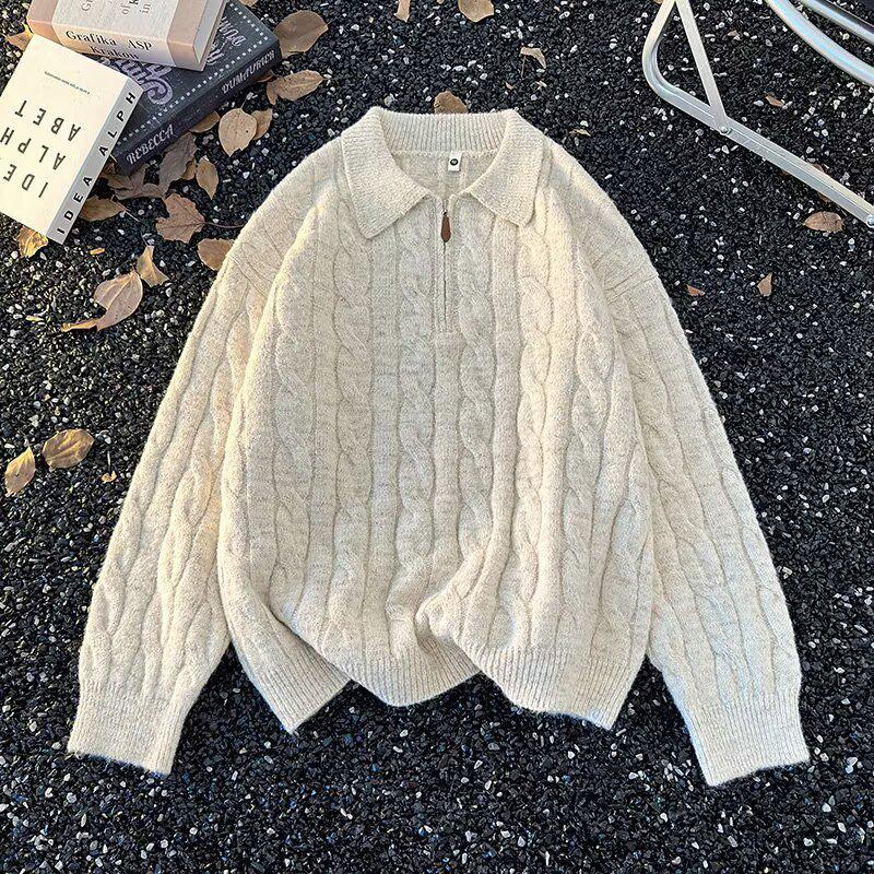 Japanese Literary Style Versatile Half-Zip Cable Knit Men's Sweater: Fashionable, Simple, and Trendy.