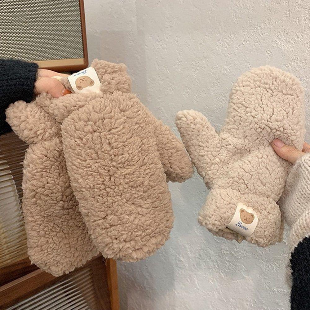 Girls Full Fingers Windproof Thicken Plush Bear Korean Mittens Women Winter Gloves Hanging Gloves