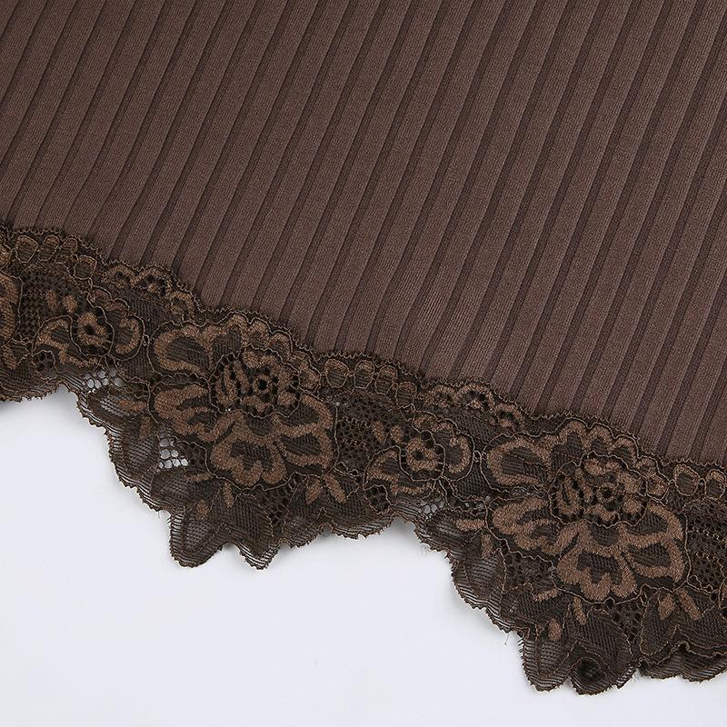 Gotic de bază Bodycon Camis pentru femei Grunge Punk Negru Casual Dantela Trim Crop Tops cu nervuri fără spate Alt Haine de vară