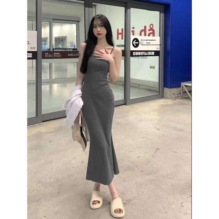 Women's Black Spaghetti Strap Bodycon Mermaid Midi Dress