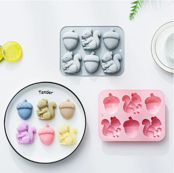 Stampo in Silicone a Sei Cavità Ghianda Scoiattolo per Torta Cioccolato Flessibile Antiaderente Teglia Tema Raccolta Autunnale