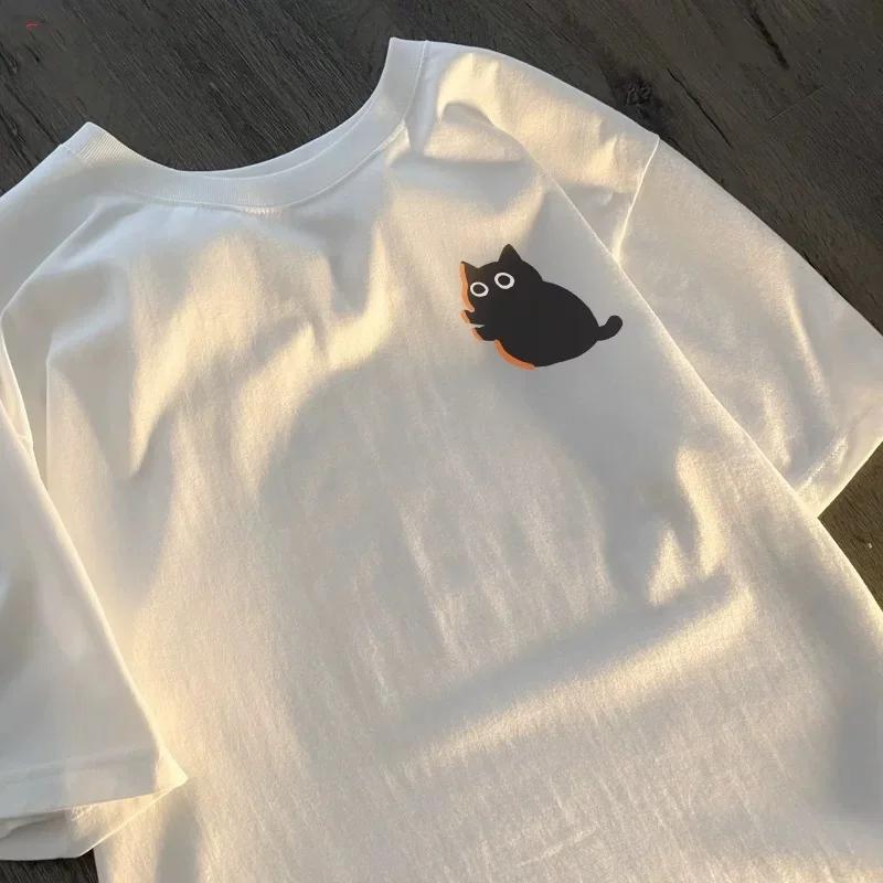 Cat Dog and Mobile Phone Print Women Round Neck Short Sleeve Soft Comfortable Streetwear Summer Fashion Women Clothes