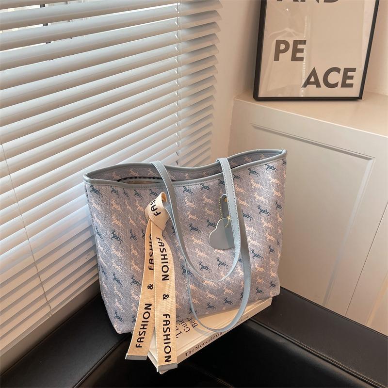 New Trendy Printing Large-capacity Tote Bag Shoulder Ribbon Commuter Bag Bucket Bag Handbag