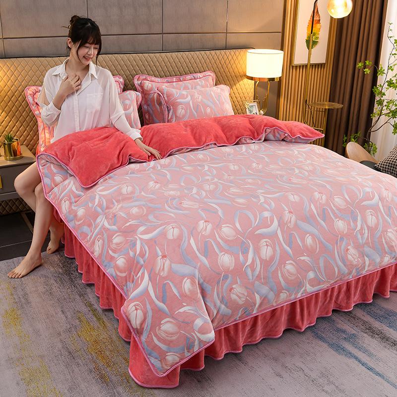 Thick Milk Velvet Bed Skirt 4 Piece Set Plush Fleece Winter Crystal Velvet Bed Sheet Duvet Cover With Skirt Winter Bedding Set For Cozy Home