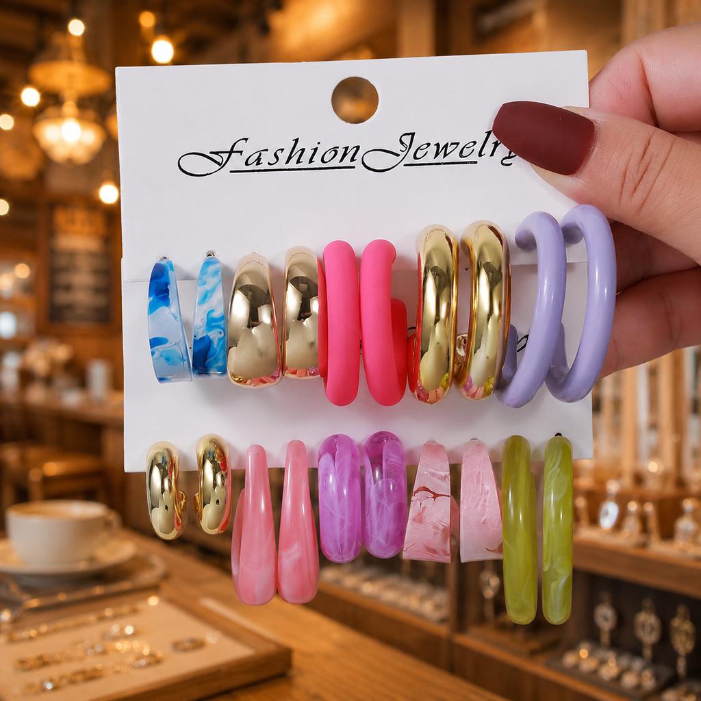 Color C-shaped acrylic earrings, European and American fashion personalized leopard print creative resin jewelry set