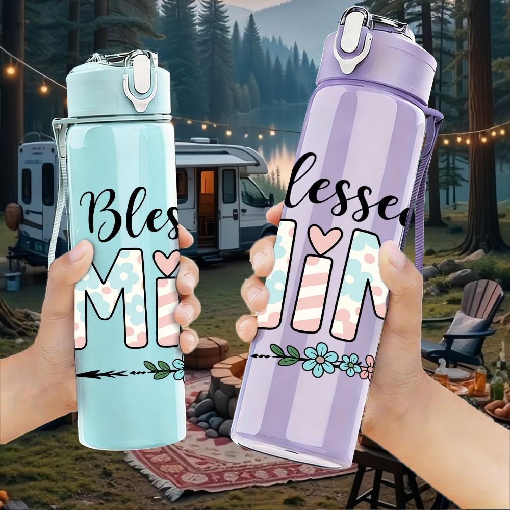 1PC Blessed Mimi Floral Color Letter 750ml Color Plastic Sports Water Bottle Leakproof Flip Straw Lid Suitable for Sports Office Home Use
