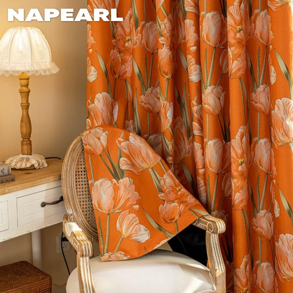 1PC NAPEARL European Style Orange Tulip Printed Curtains Fully Blackout Curtain for Bedroom Living Room Balcony Window for Home Decor