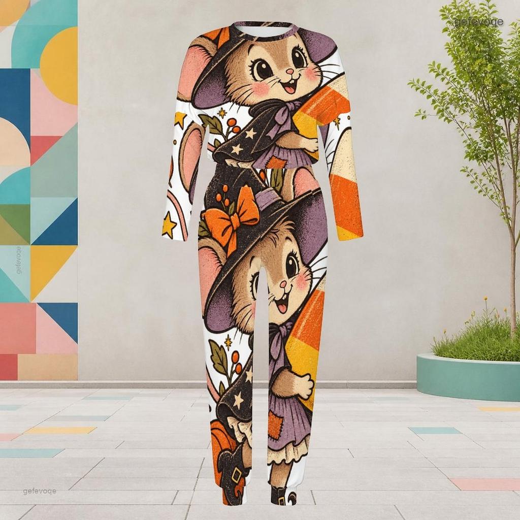 Women Plus Size Round Neck Long Sleeve Cartoon Bear Printed Cuffed Top And Pants Two Piece Set