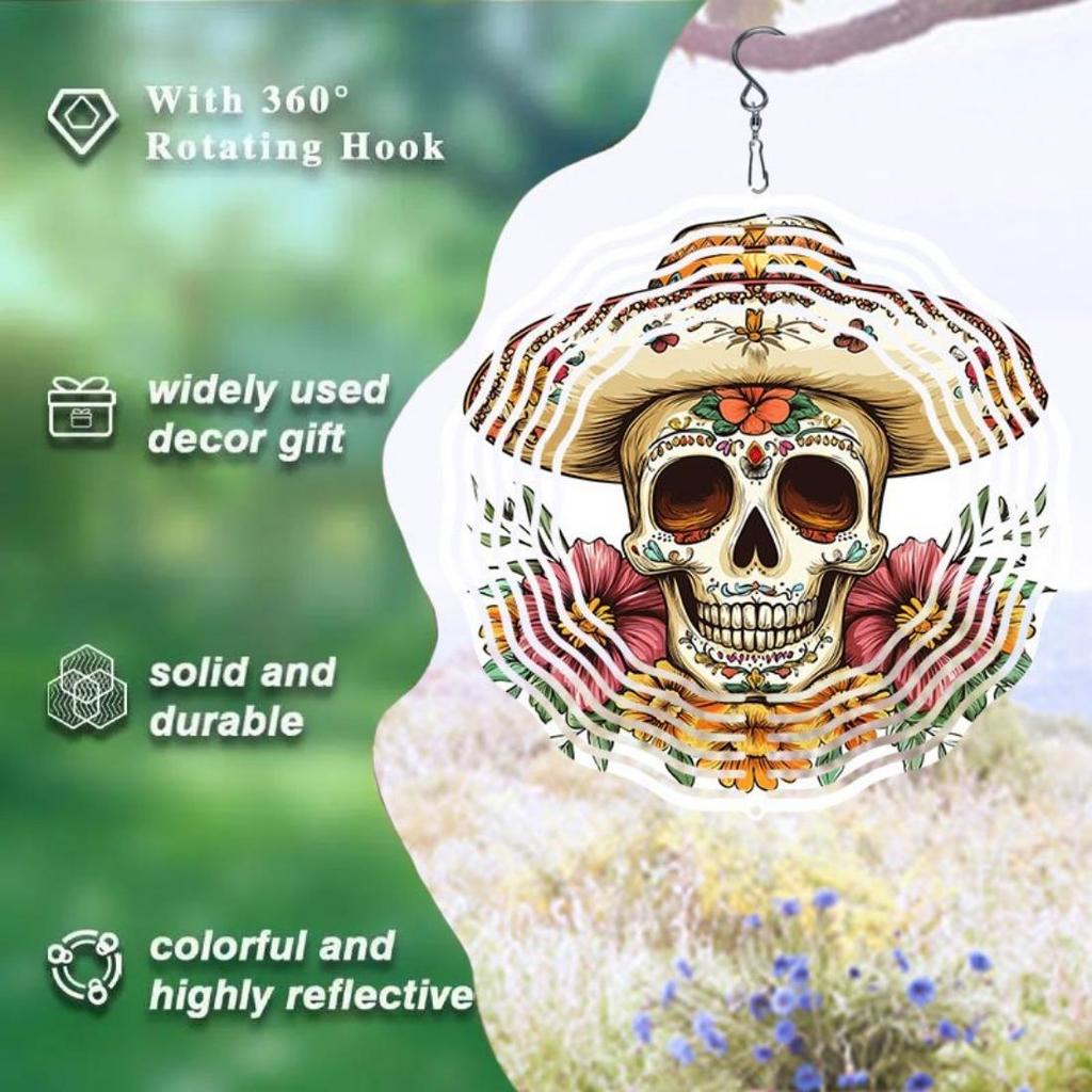 Kaijit - 1pc No Battery Required Cinco De Mayo Skull with Hat Mandala Wind Powered Rotating Wind Chime - Dynamic 2D Hanging Garden Art