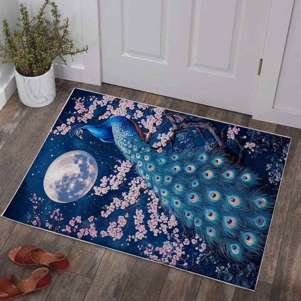 Peacock Print Welcome Doormats Indoor Outdoor Anti Slip Water Absorbent Rug Home Decor Carpet for Entrance Living Room Bathroom