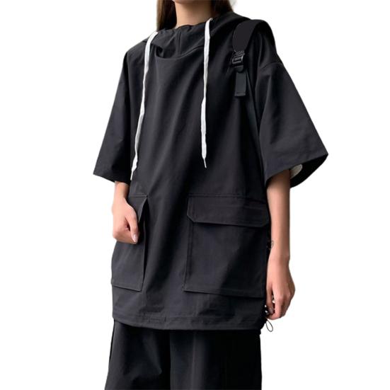 2 szt./zestaw Unisex Strój na co dzień Bluza z kapturem ze sznurkiem Krótki rękaw T-shirt Elastyczny pas ze sznurkiem