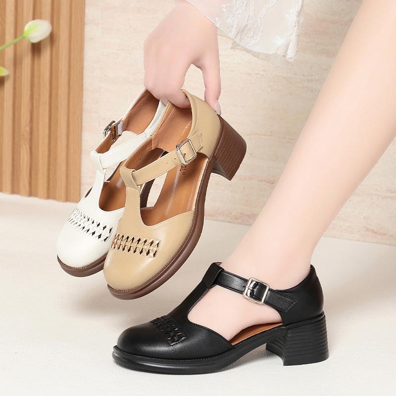 5cm Vintage T Strap Soft Leather Round Head Cutout Gladiator Sandals Platform Shoes 2025 Women's Med Block Heels Sandals for Mom