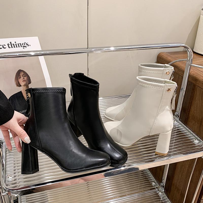 Short boots women's high heel thick heel 2024 new boots white French square head autumn and winter short boots fashion low tube thin boots