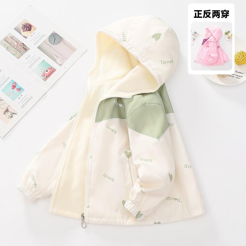 Girls Fleece Lined Windproof Reversible Hooded Kids Casual Outerwear Jacket