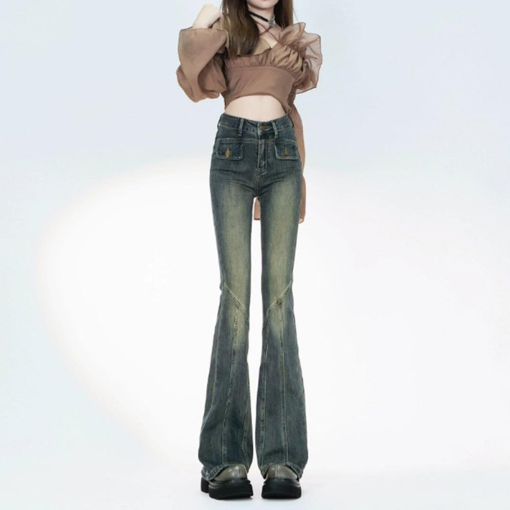 

Ретро микро-клеш джинсы женские вставные осенне-зимние новые американские с высокой талией облегающие и стройнящие брюки-подковы в стиле Spice girl XL