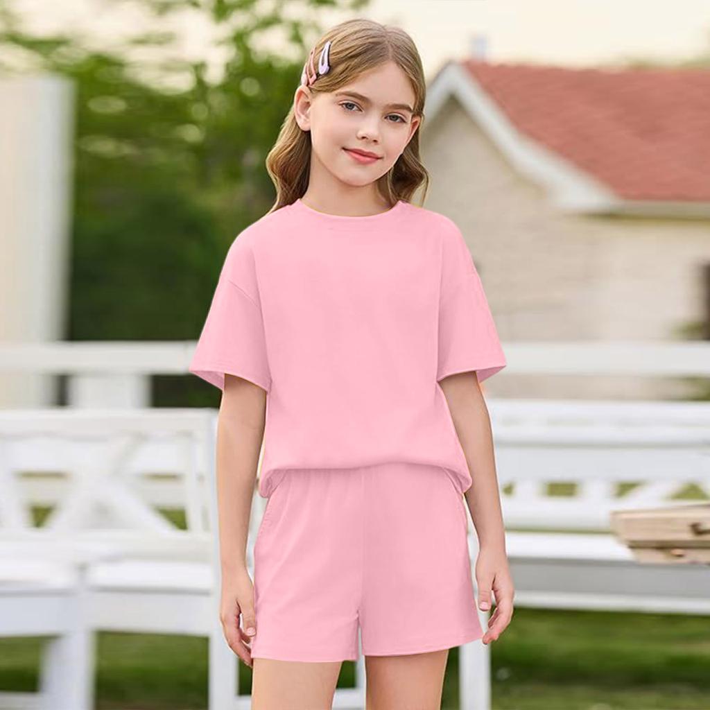 Girls Short Sleeve T Shirt and Shorts Set Soft Fabric Round Neck Relaxed Fit Casual Outfit for Kids and Teens