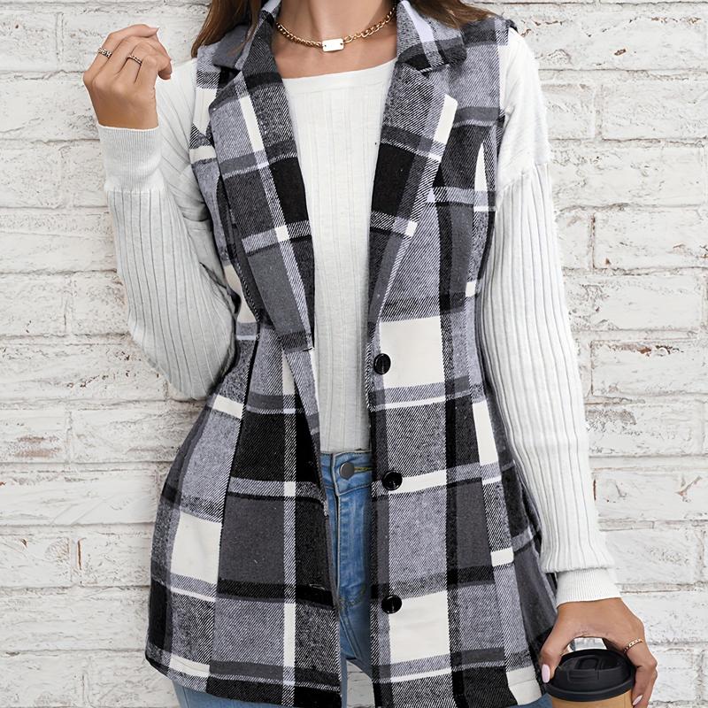 Fashion Lapel Suit Vest Plaid Jacket Plaid Sleeveless Vest Loose Large Size Female Elegant Style All-match Sleeveless Single-breasted Cardigan