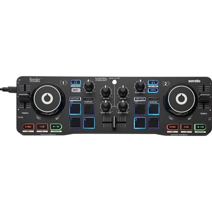 HERCULES DJ CONTROL STARLIGHT - Contrôleur DJ USB Portatif - 2 Pistes - 8 Pads - Carte Son Intégrée - Serato DJ Lite Inclus