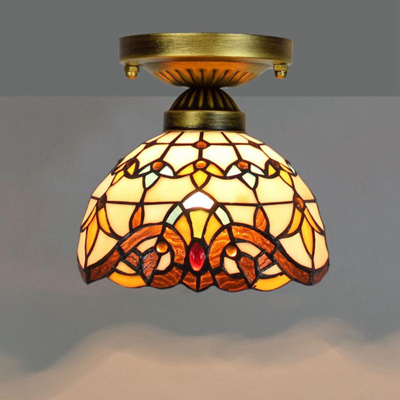 European Stained Glass Ceiling Light - Handcrafted Floral Rose Mosaic, Antique 8Inch Wide Flush Mount for Dining Room/Library