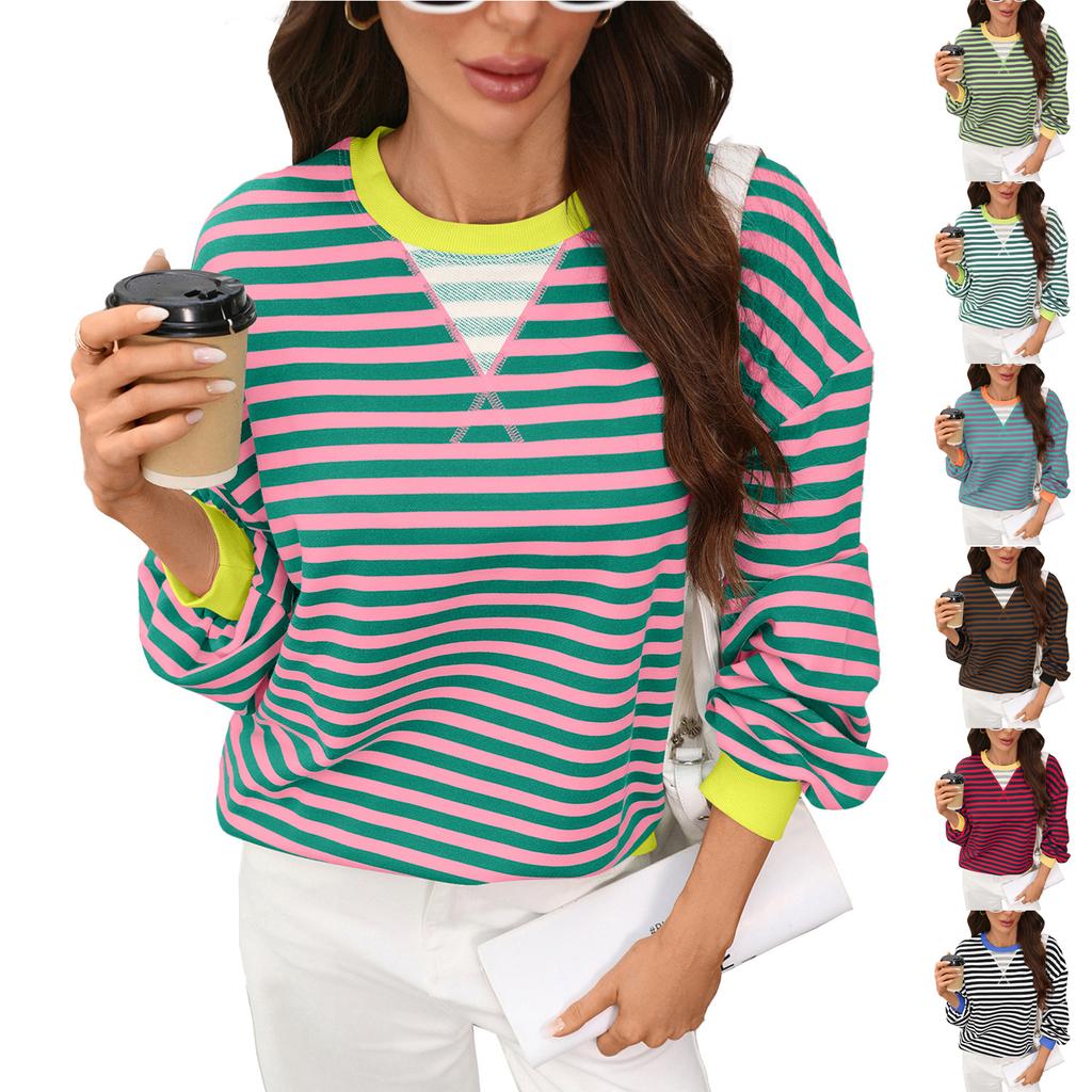 Women Casual Loose Fit Long Sleeve Striped Pullover Sweatshirt Crew Neck Lightweight Comfortable Top for Everyday Wear