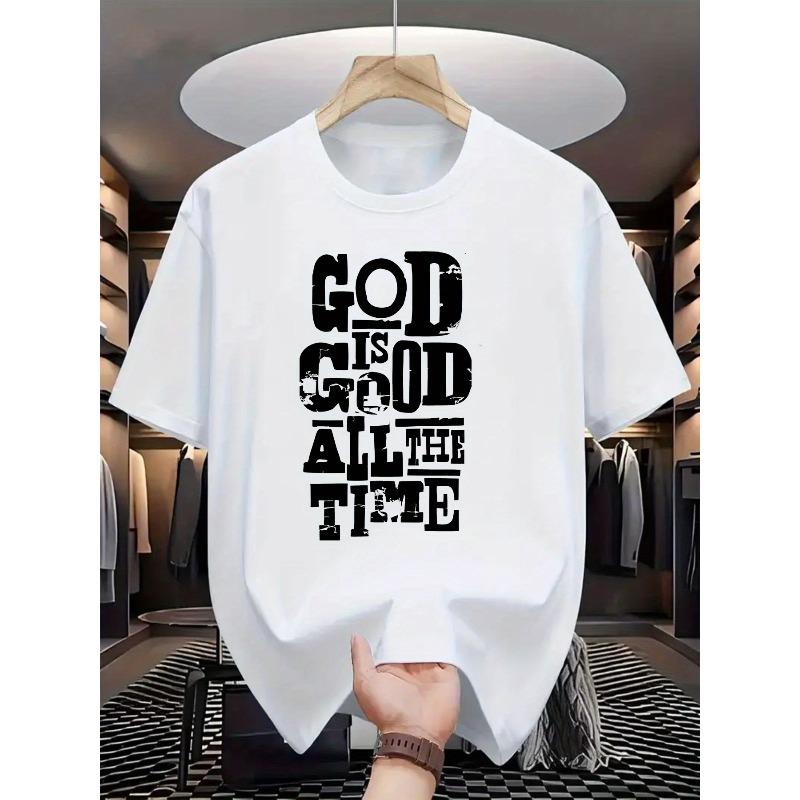 Taglie europee "T-shirt estiva casual da uomo con stampa, tessuto a maglia, girocollo, vestibilità regolare, adulto 'Dio è buono in ogni momento'"