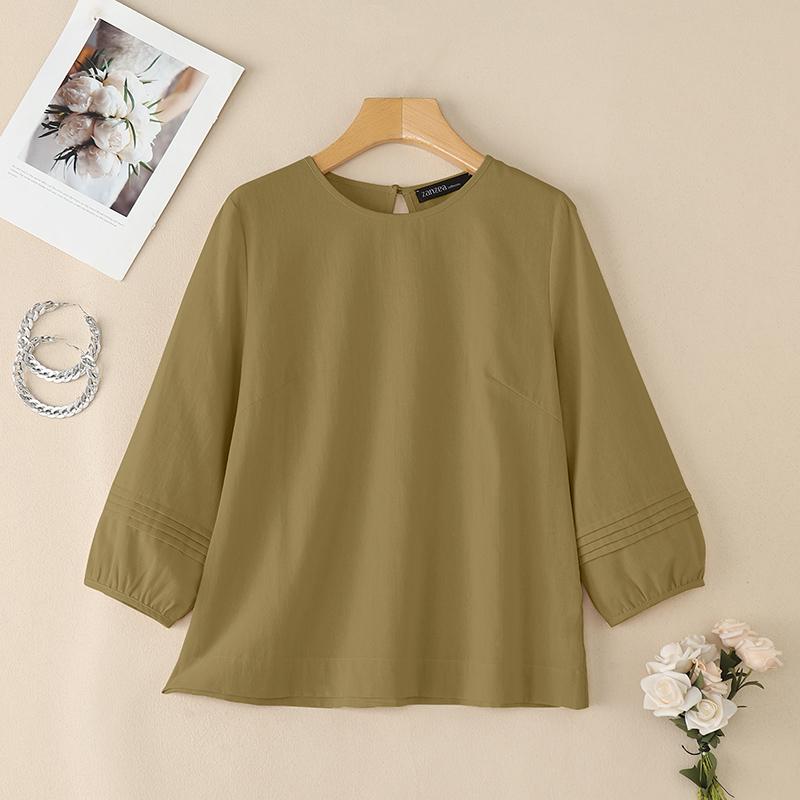 ZANZEA Women Casual Round Neck Solid Color 3/4 Sleeve Blouse