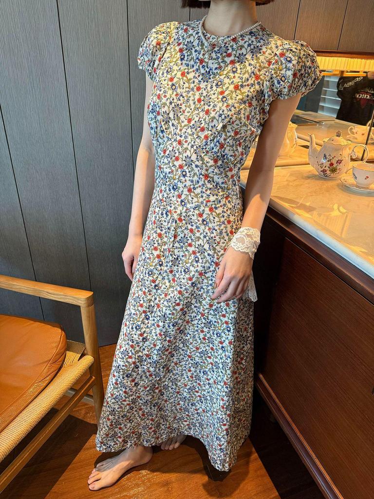 Pastoral Floral Cotton Puff Sleeve Slim Long Dress - Romantic Spring/Summer Women's Wear