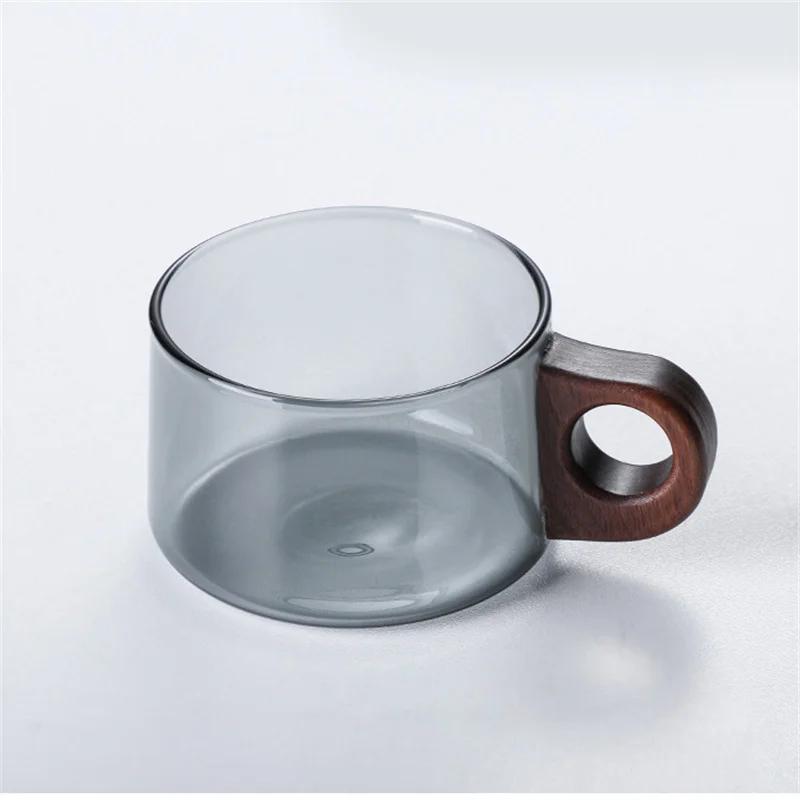 200ml American Latte Glass Coffee Mug With Wooden Tray Handle High Borosilicate Milk Tea Cup Fresh Ground Coffee Cup Set
