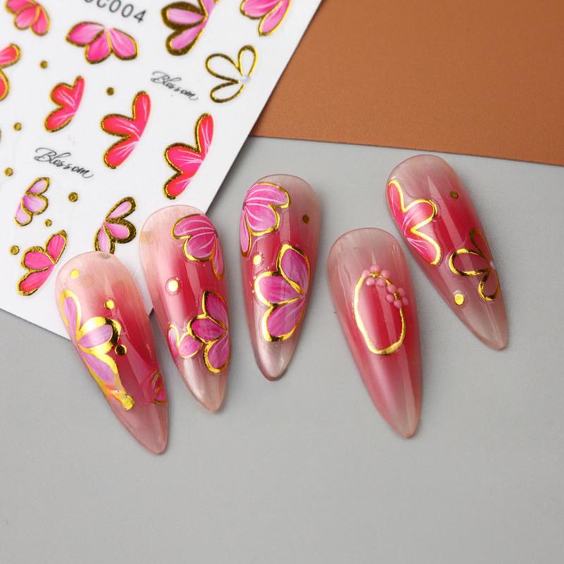 3D Pink Gold Flower Nail Stickers Metallic Gold Line Floral Petals Sakura Sliders Decals Spring Elegant DIY Manicure Decoration