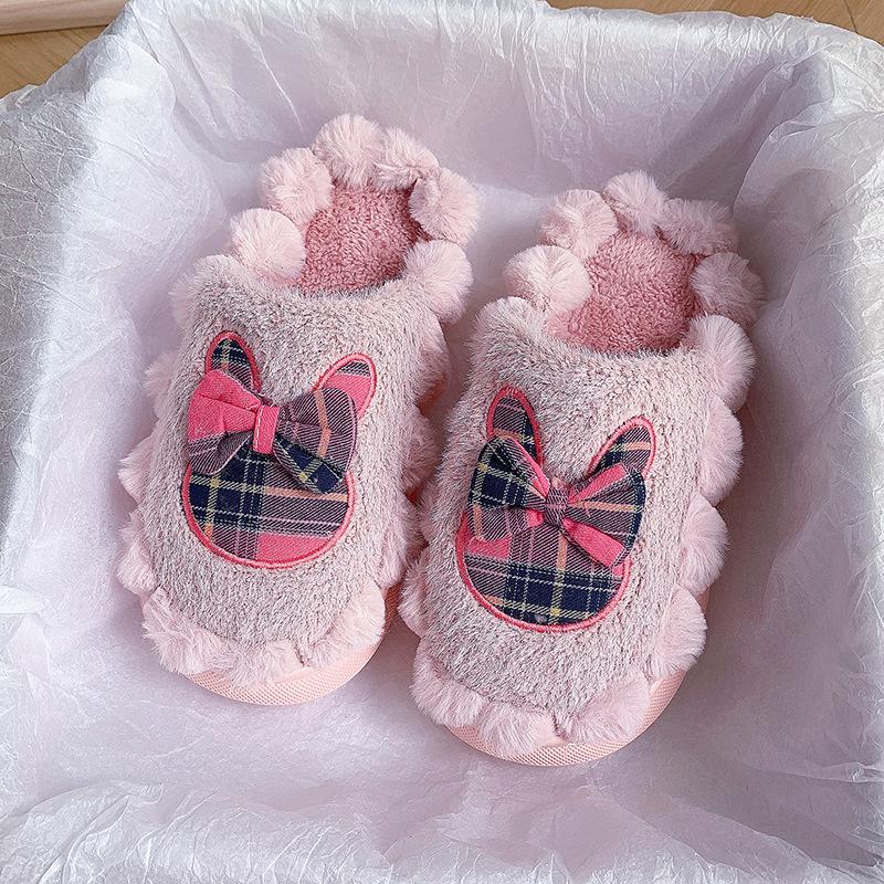 2025 new autumn and winter plush bow cotton slippers women's plush thickened non-slip warm can be worn outside women's cotton mop