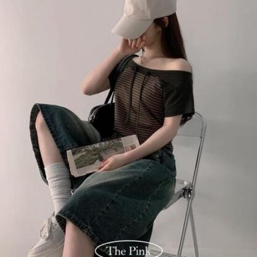 The Pink RhyThm Slim FiT Color Blocking STripe Hem Cropped T shirT