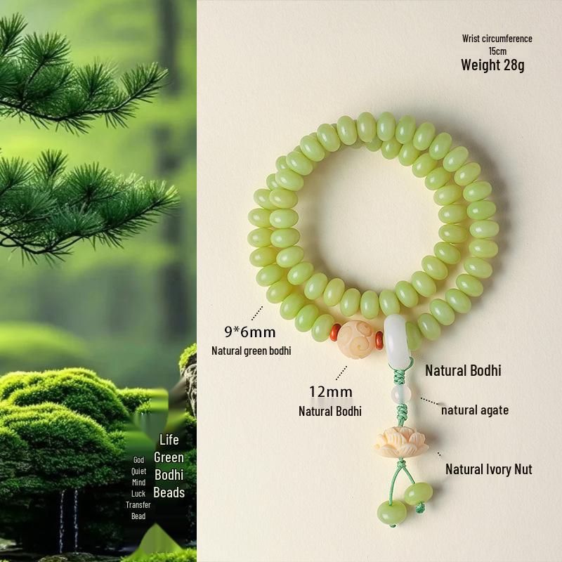 Náramek z krémového topazu s kořenem bodhi: Unisexové buddhistické korálky s dvojitým kruhem a motivem počítadla a lotosu