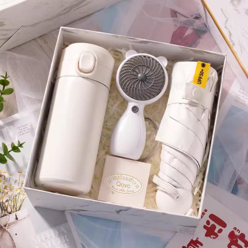 Business Gift Set with Insulated Mug, Umbrella, Fan, and Soap Pea Insulated Mug, Umbrella, Fan, Handmade Soap