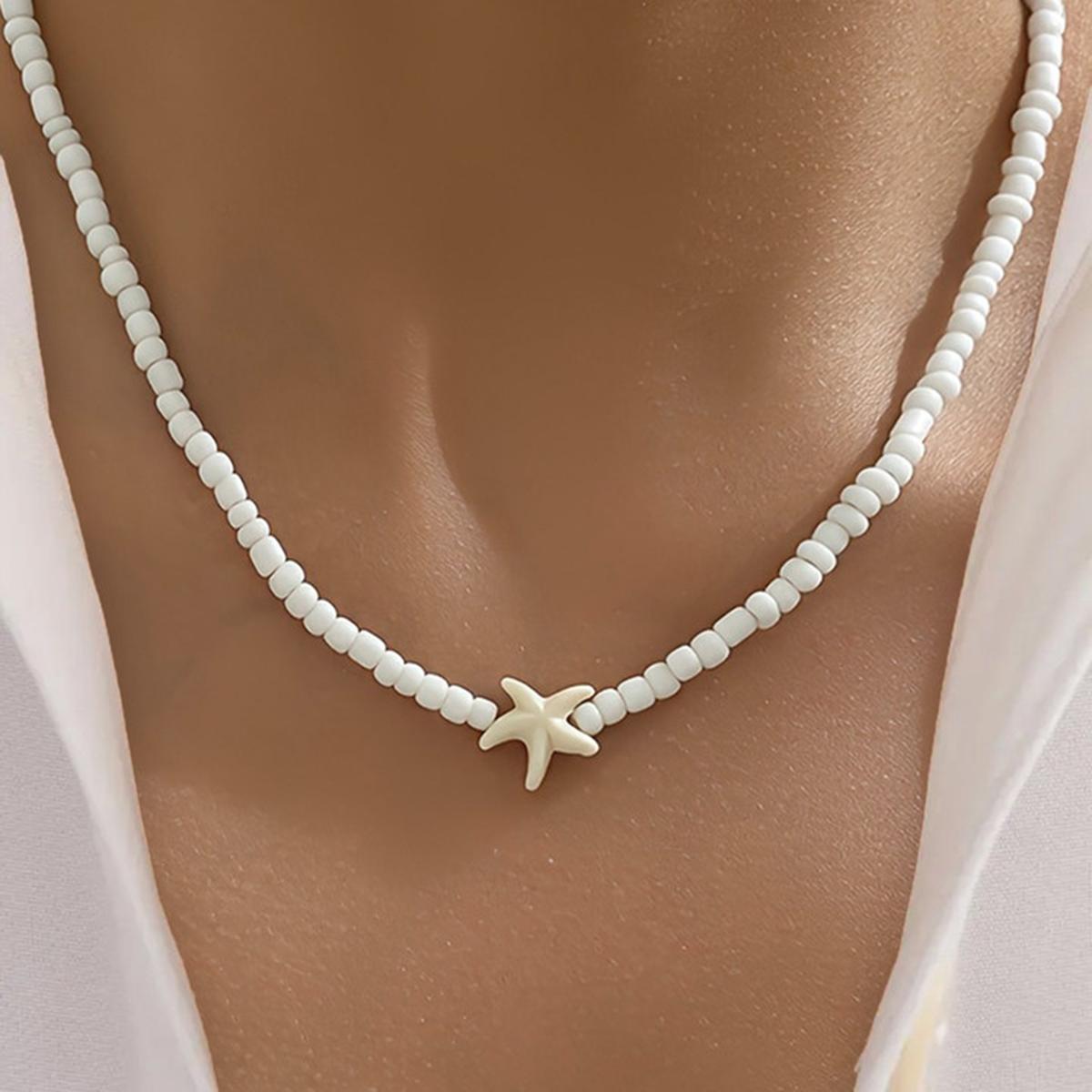 

Богемское белое ожерелье из бусин ручной работы с нежным акцентом в виде морской звезды на чокере, подходит для летних пляжных вечеринок, отпуска, циркон белый