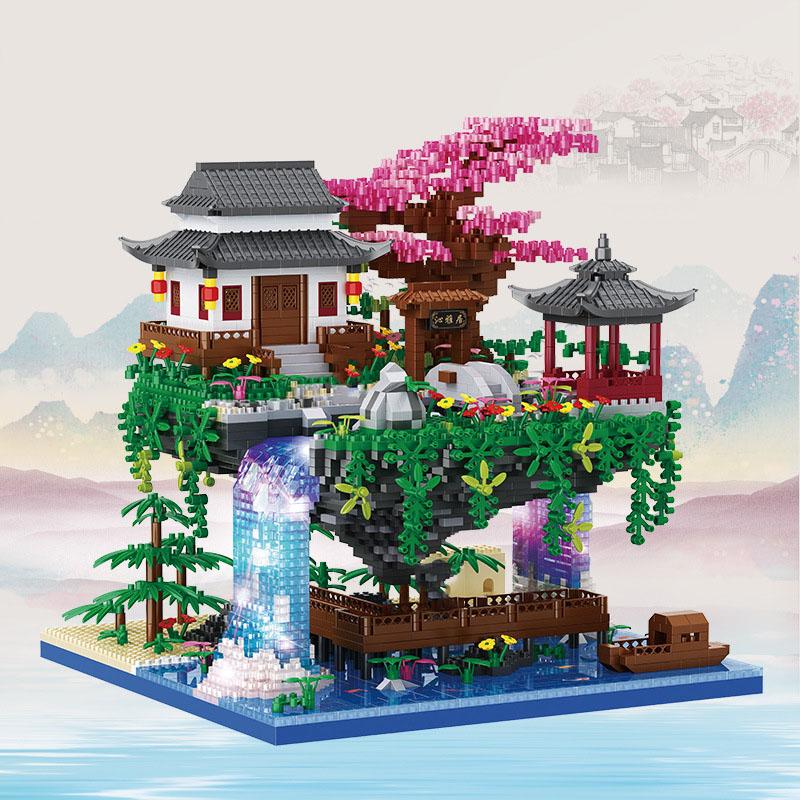 Mountain Forest Architecture Micro Daimond Block Peach Blossom Pool Building Brick Toy Assemble Nanobrick Collection With Light