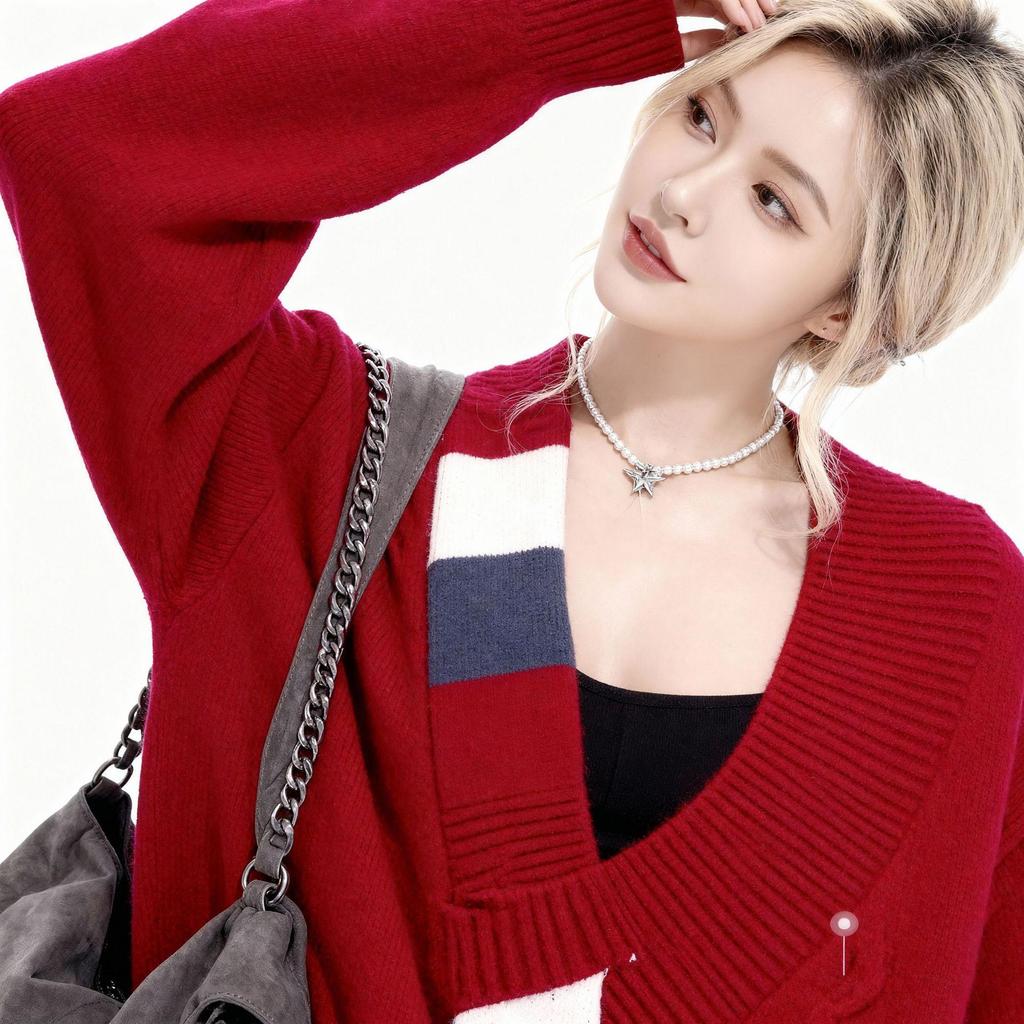 Women's 2026 Red V-Neck Thick Knit Sweater - New Year Winter Style
