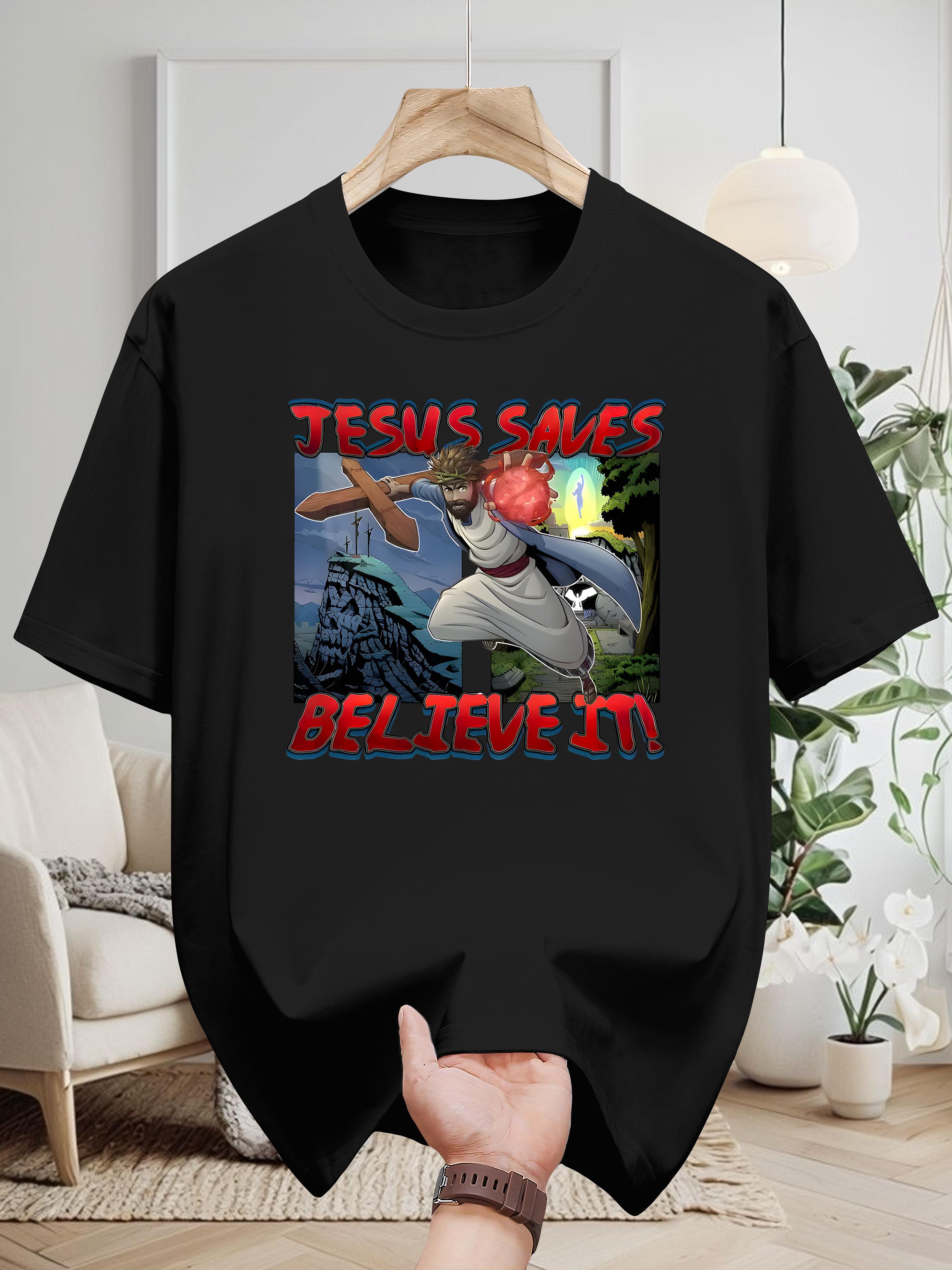 200g 100% Cotton Graphic Print T-shirt - Bold Jesus Saves Believe It! Design S