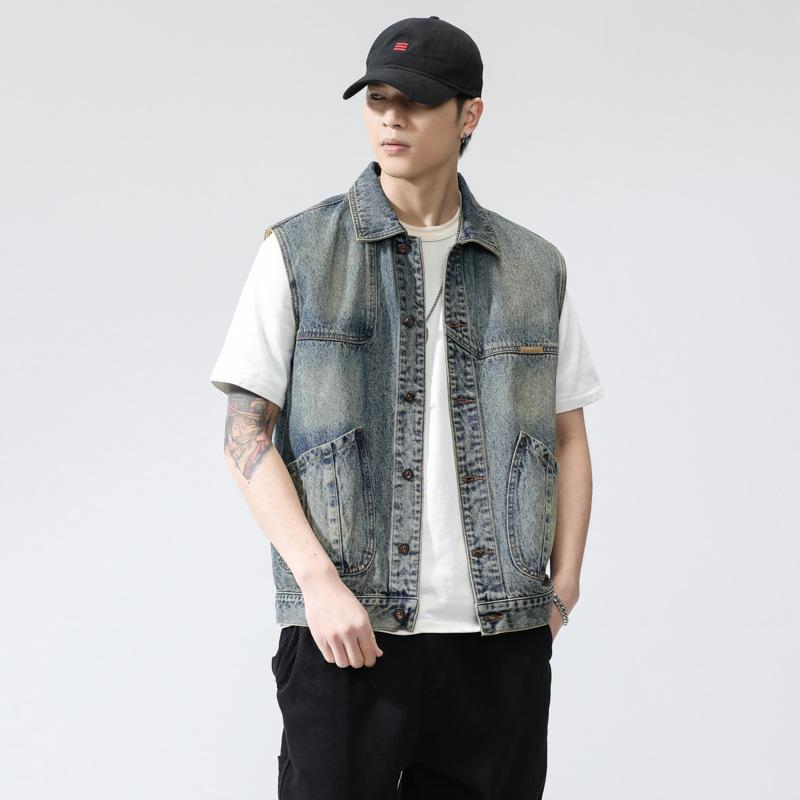 Hong Kong Style Retro Waistcoat Vest Men's Spring New Korean Style Casual Handsome Versatile Sleeveless Denim Jacket