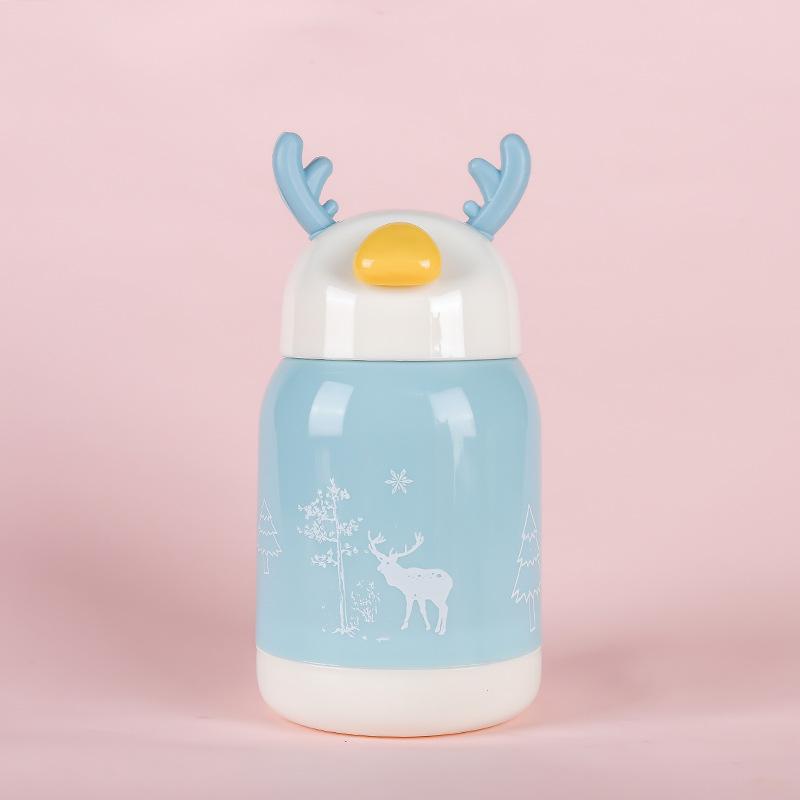 

Linglu Double-Layer Glass Cup with Lid - Cartoon Deer Design, Leak-Proof & Portable Student Sports Cup 380ml небесно-голубой