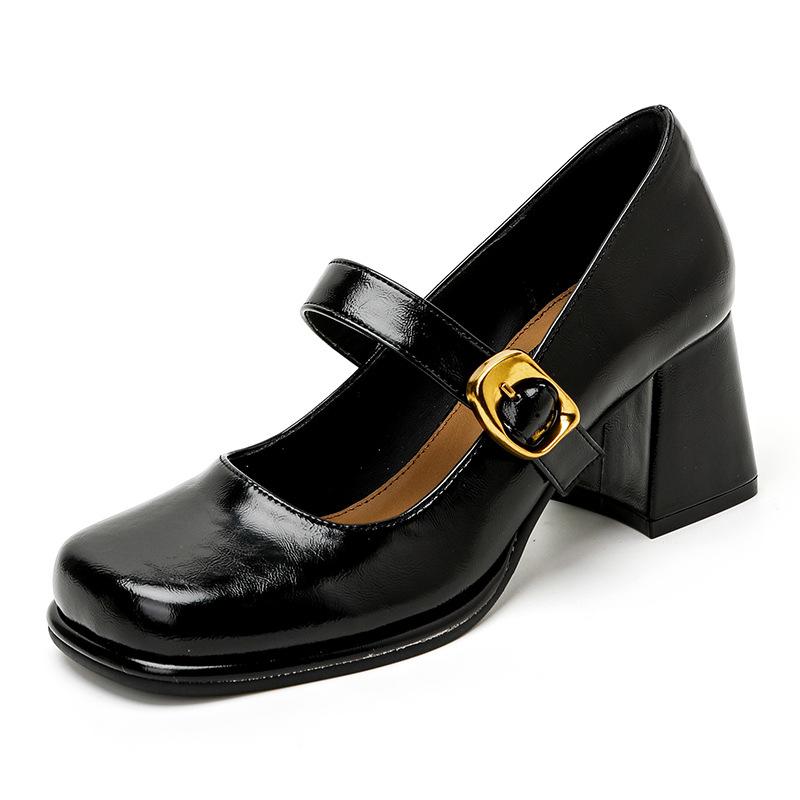 2025 spring and autumn new thick heel Mary Jane shoes women's one-word buckle high-heeled single shoes French round head leather small leather shoes