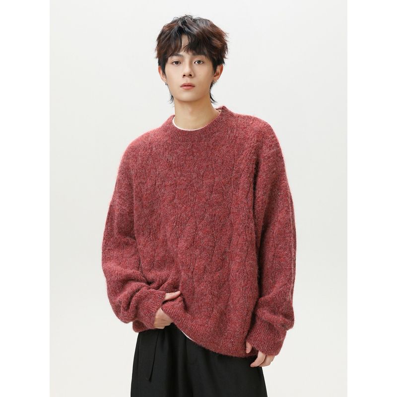 Wassup American-Style Crew Neck Sweater for Men, Autumn Heavyweight Lazy Style Cable Knit Sweater, Trendy High Street Couple Cardigan