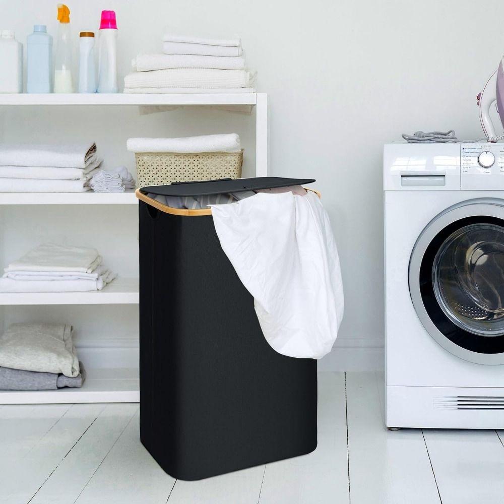 Bamboo Handles Slim Laundry Hamper with Lid Foldable Clothes Basket Bin Storage Bins  Bathroom